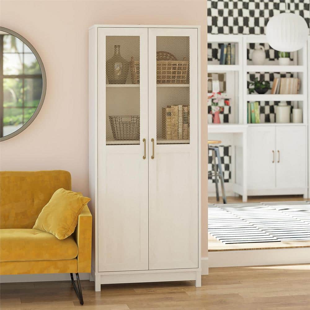 Ivory Oak 2-Door Storage Cabinet with Gold Mesh Doors