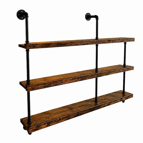 55 in. Industrial Pipe 3-Tier Wall Mounted Wine Rack Shelf with LED Lights, Metal and Wood Bottle Decor