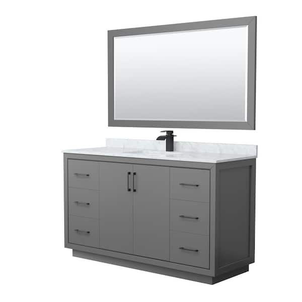 Wyndham Collection Icon 60 in. W x 22 in. D x 35 in. H Single Bath Vanity in Dark Gray with White Carrara Marble Top and 58" Mirror