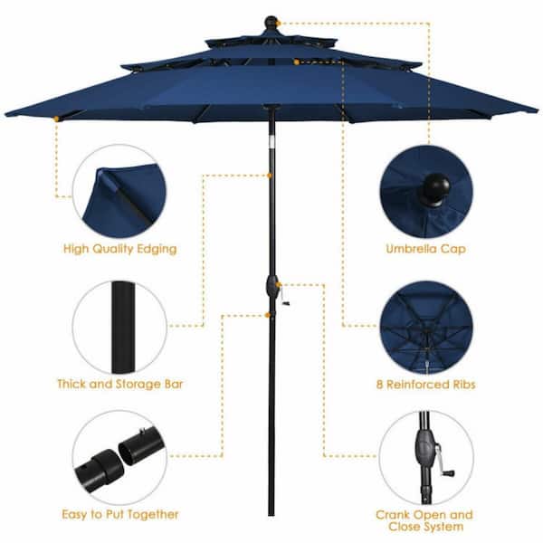 10 ft. 3-Tier Aluminum Market Outdoor Patio Umbrella Sunshade Shelter with Double Vented in Navy