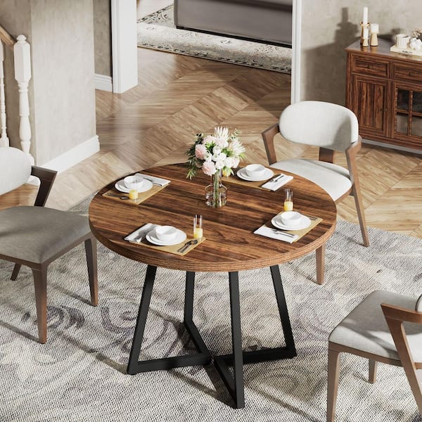 Moronia Industrial Brown Wood 31.5 in. Pedestal Dining Table Seats 4