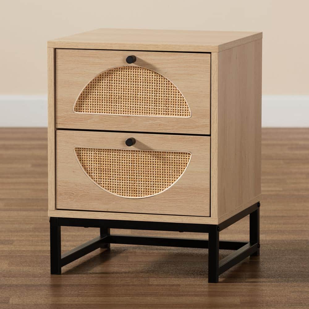 Ardon Bohemian Light Brown Wood and Metal 2 Drawer Nightstand with Rattan