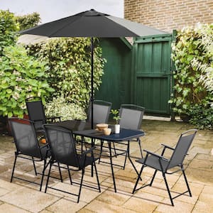 Black 8-Piece Metal Outdoor Dining Set with Table Umbrella, 6 Folding Chairs and Rectangle Dining Table Set for Patio