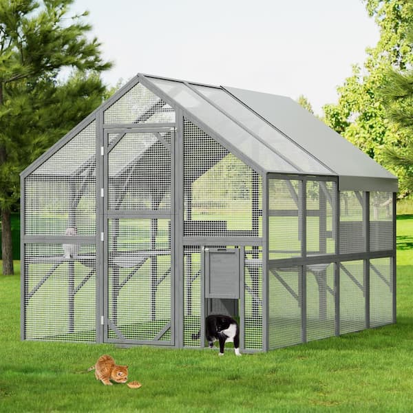 FUFU&GAGA Large Wooden Outdoor Cat House, Cat Run Enclosure Walk in Cat Catio Kitten Condo with Enter Door, Roof Cover