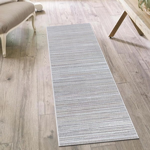 Monte Carlo Coastal Breeze Taupe-Champagne 2 ft. x 12 ft. Flatwoven Striped Polypropylene Runner Indoor/Outdoor Area Rug