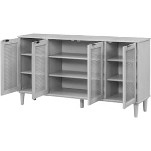 60 in. W x 15 in. D x 32.1 in. H Gray Wood Linen Cabinet with Artificial Rattan Doors and Adjustable Shelves
