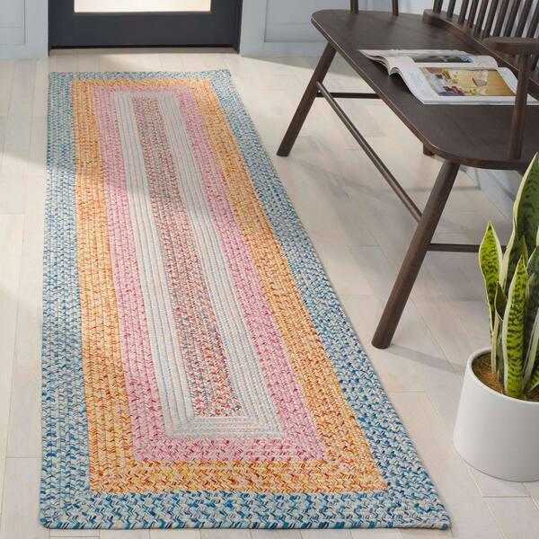Braided Aqua/Pink 2 ft. x 8 ft. Machine Washable Solid Striped Border Runner Rug