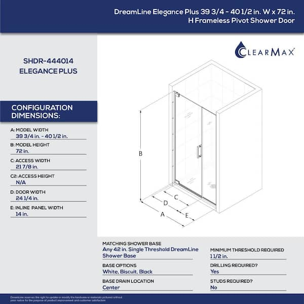 Dreamline Elegance Plus 39 3 4 40 1 2 In W X 72 In H Frameless Pivot Shower Door In Chrome Shdr 01 The Home Depot