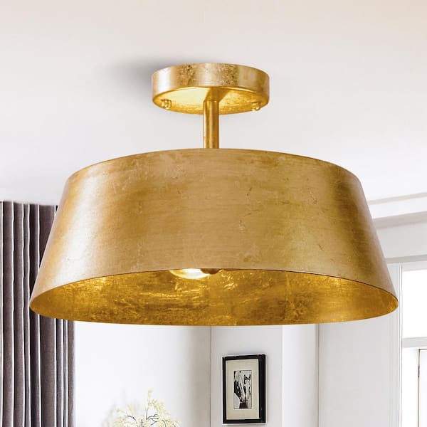 14.57 in. 3-Light Antique Gold Semi-Flush Mount Drum Ceiling Lights