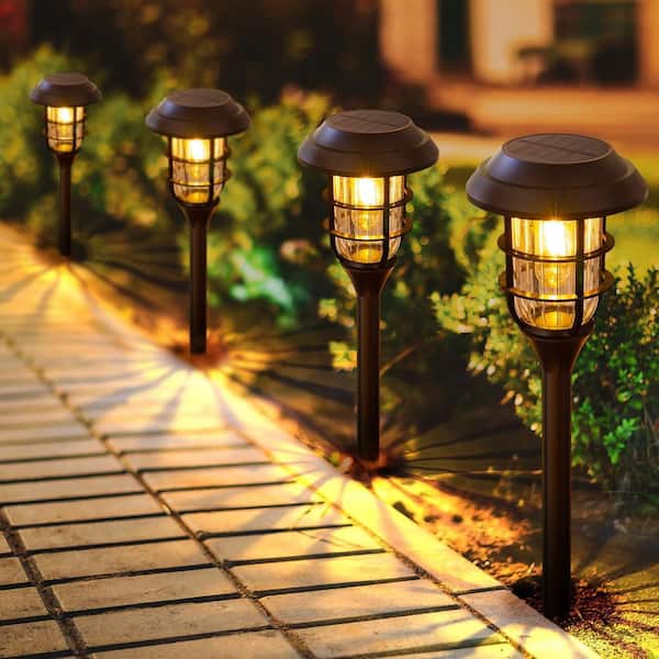 Solar 10-Lumens Black Dusk to Dawn 3000K - 6000K Outdoor Weather/Water/Rust Resistant Integrated LED Path Light (4-Pack)