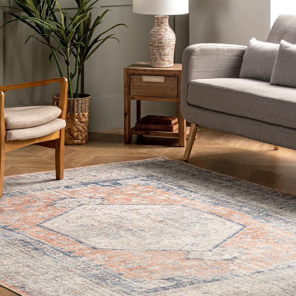 Vintage Floral Orange and Blue Washable Area Rug