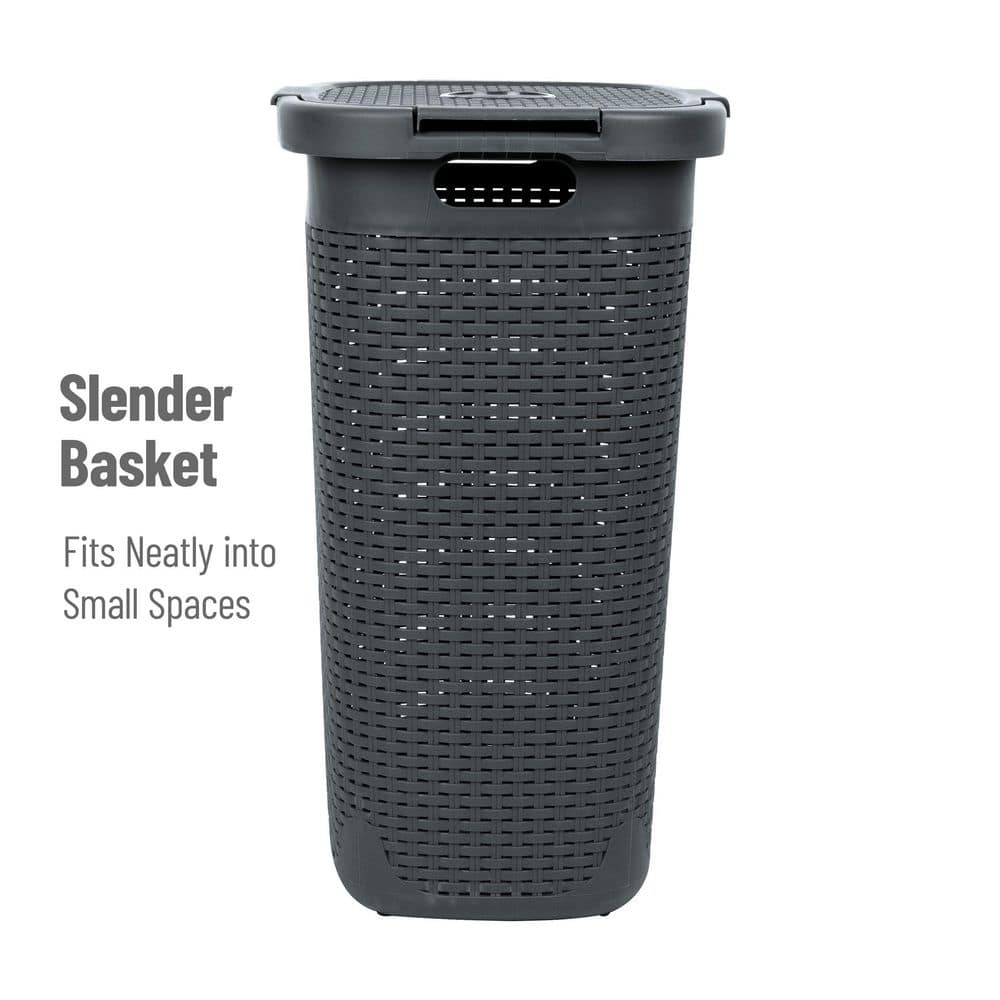 Gray Rectangle Wicker Style Plastic Laundry Hamper Set with Lid