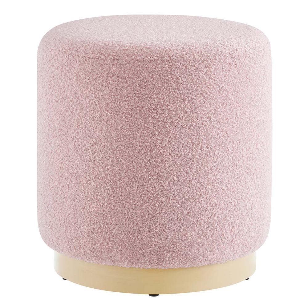 Blossom Pink Sherpa Upholstered Round Ottoman with Rubberwood Base