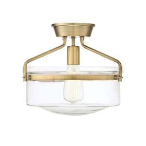 13.25 in. W x 11 in. H 1-Light Natural Brass Semi-Flush Mount Ceiling Light with Clear Glass Shade