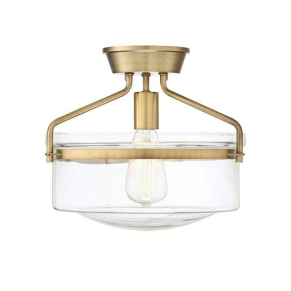 TUXEDO PARK LIGHTING 13.25 in. W x 11 in. H 1-Light Natural Brass Semi-Flush Mount Ceiling Light with Clear Glass Shade