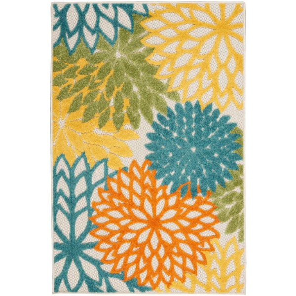 Nourison Aloha Turquoise Multicolor doormat 3 ft. x 4 ft. Floral Contemporary Indoor/Outdoor Patio Kitchen Area Rug