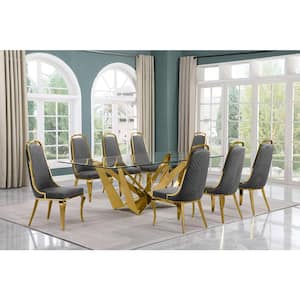 Meryl 9-Piece Rectangular Glass Top Gold Stainless Steel Dining Set With 8-Dark Grey Velvet Gold Chrome Iron Legs Chairs