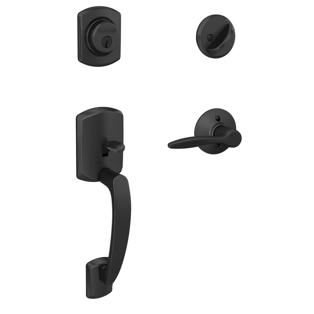 Schlage Greenwich Matte Black Single Cylinder Door Handleset with Delfayo Door Handle - Right Handed