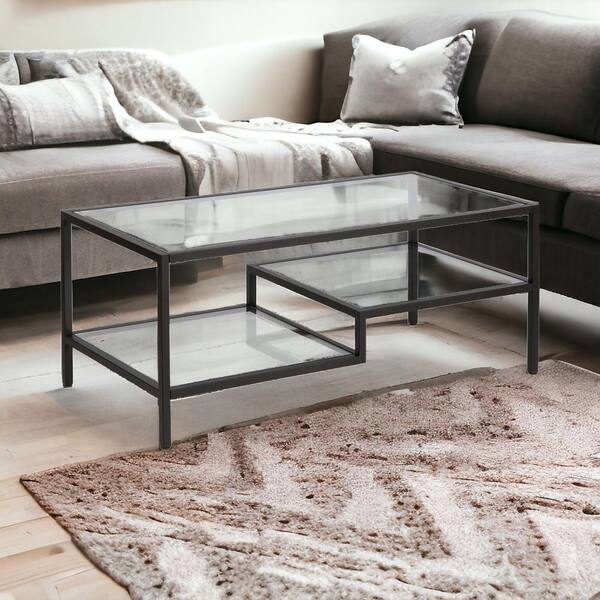 HomeRoots 45 in. Black Rectangle Glass Coffee Table with Shelves Storage