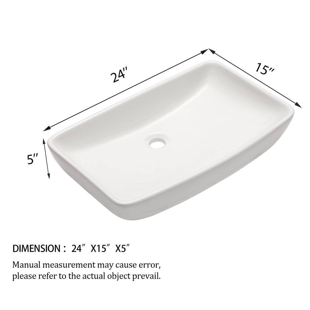 24" x 15" White Ceramic Rectangular Bathroom Vessel Sink