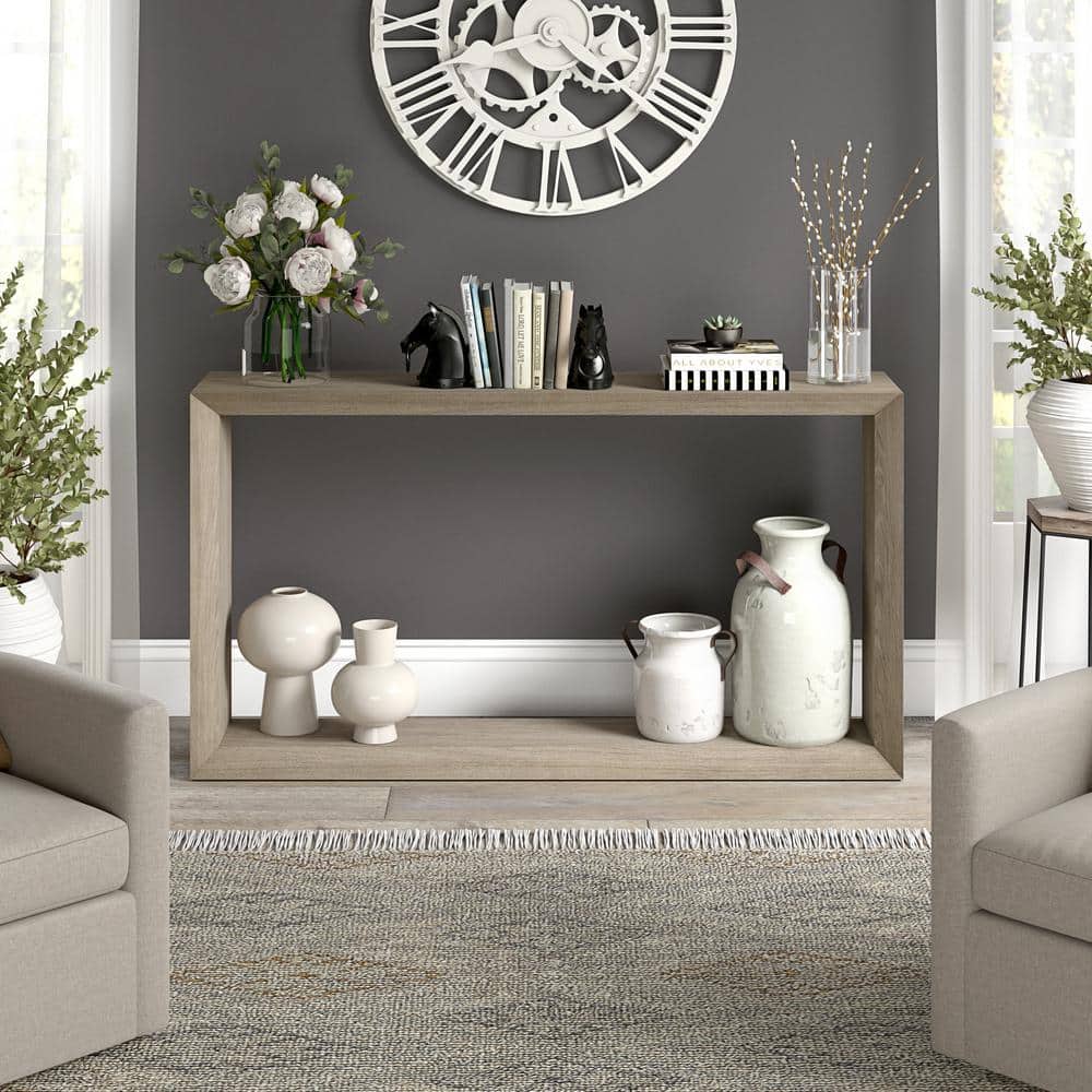 Antiqued Gray Oak 55" Rectangular Console Table with Storage