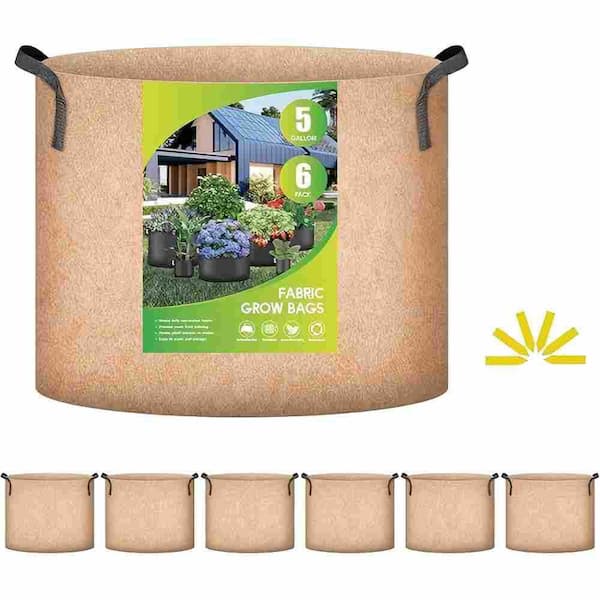 6-Pack 5 Gal. 300g Thick Nonwoven Fabric Plant Grow Bag with Nylon Handles in Tan