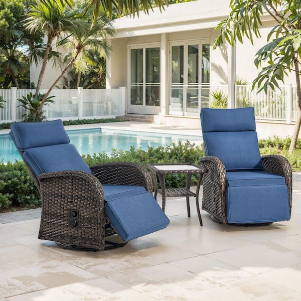 Comfort Collection 3-Piece Wicker Versatile Pneumatic Swivel Outdoor Rocking Chair with CushionGuard Blue Cushions