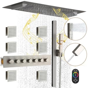 6-Spray Ceiling Mount Thermostatic Shower Systems with Fixed and Handheld Shower Head 2.5 GPM in Brushed Nickel