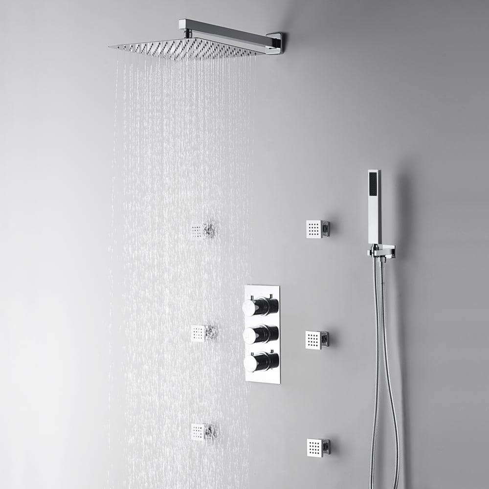 Chrome Dual Square Wall Mounted Shower System with Handheld and Body Jets