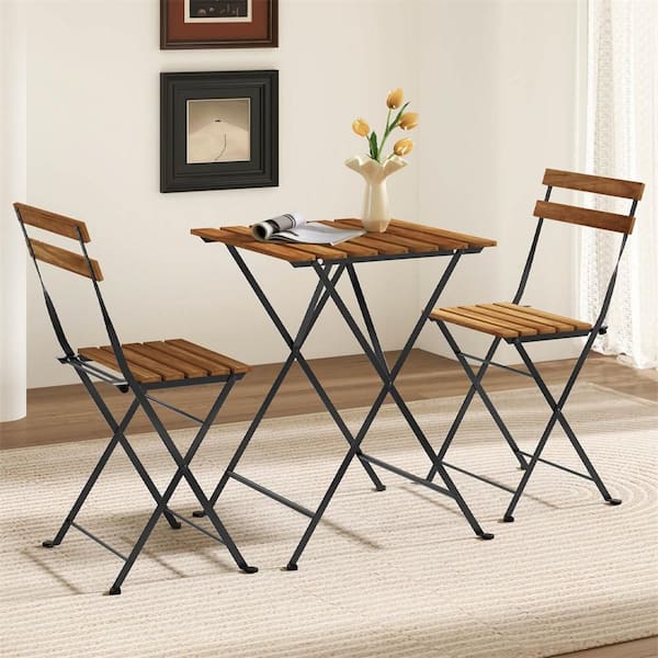 3-Piece Acacia Wood Rectangular 18 in. Outdoor Bistro Set Bistro Table with 2 Folding Chairs Slatted Seat Brown