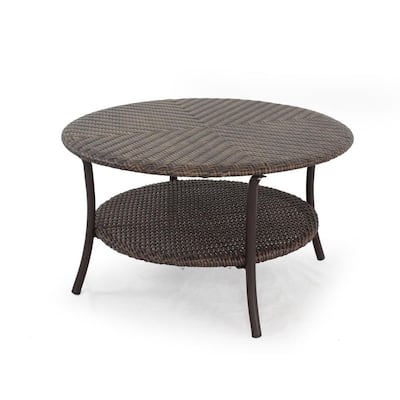 Mix and Match Brown 32 in. Round All-Weather Resin Wicker Outdoor Coffee Table with Woven Table Top