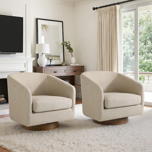 Light Brown Cotton Line Upholstered 360° Swivel Arm Chair With Wood Base (Set of 2)