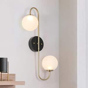 1-Light Matte Black Integrated LED Swing Arm Wall Sconce Brass Gold Wall Lamp Lighting with Frosted Glass Shade