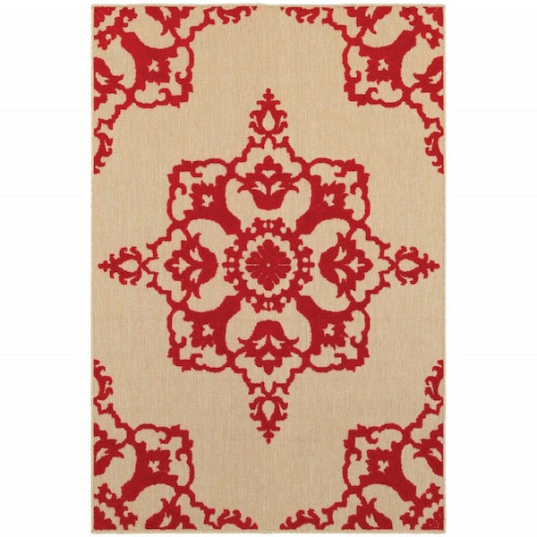 Red 10 ft. x 13 ft. Loomed Oriental Polypropylene Rectangle Indoor/Outdoor Area Rug