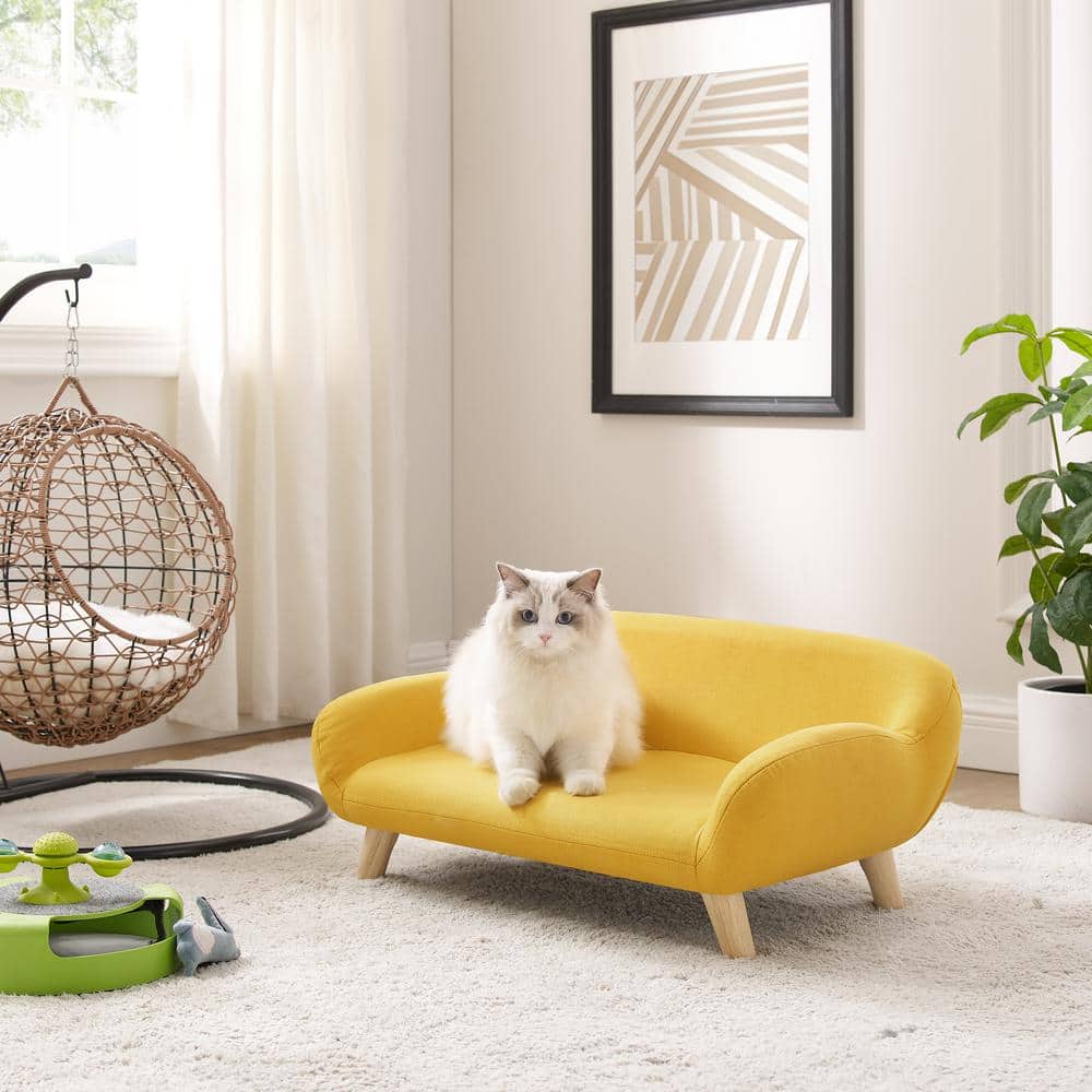 Akkeri Medium Yellow Fabric Pet Sofa with Wooden Legs