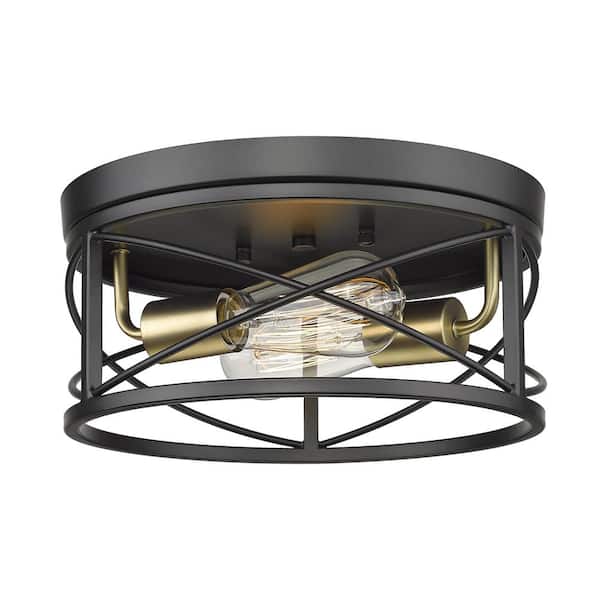JAZAVA 11.8 in. 2-Light Matte Black and Brushed Brass Flush Mount with Metal Round Shade and No Bulbs Included