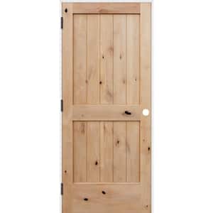 18 in. x 80 in. Rustic Unfinished 2-Panel V-Groove Solid Core Wood Single Prehung Interior Door with Prime Jamb