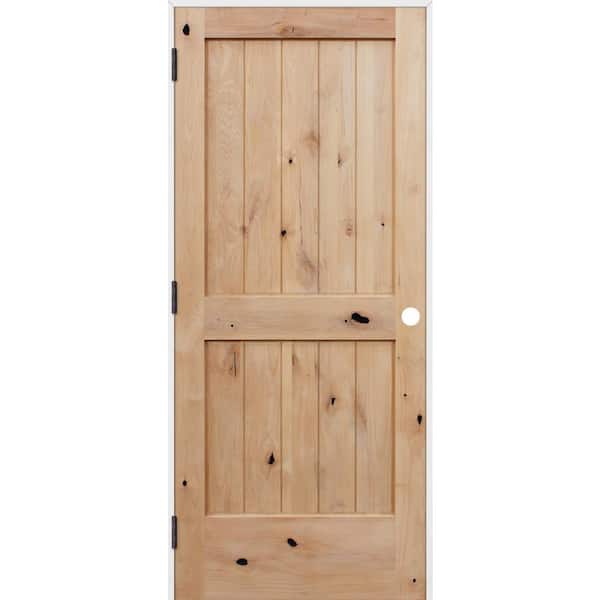Pacific Entries 28 in. x 80 in. Rustic Unfinished 2-Panel V-Groove Solid Core Wood Single Prehung Interior Door with Prime Jamb