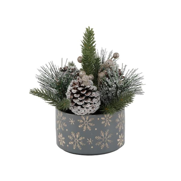 Flora Bunda 12 in. Artificial Christmas Mix in 7 in. Gray Ceramic Snowflakes