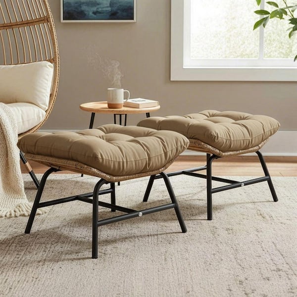 2-Pack Armless Wicker Outdoor Ottomans with Brown Cushions, Metal Frame Patio Footrest for Backyard and Garden