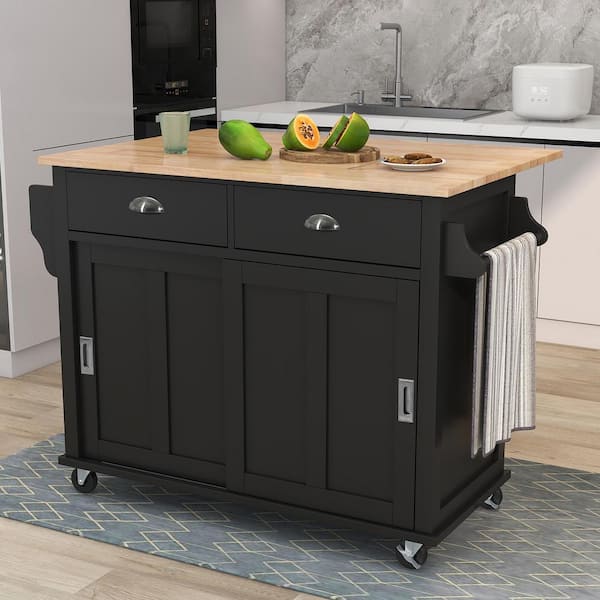 Black Rubber Wood Kitchen Cart with Cabinets