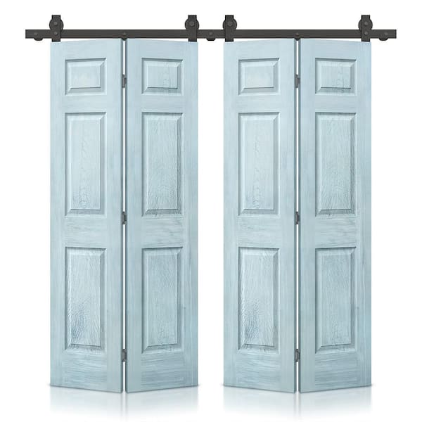 CALHOME 72 in. x 80 in. Hollow Core Vintage Denim Blue Stain 6-Panel MDF Double Bi-Fold Barn Doors with Sliding Hardware Kit