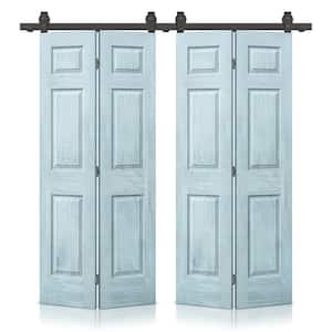 72 in. x 84 in. Hollow Core Vintage Denim Blue Stain 6 Panel MDF Double Bi-Fold Barn Door with Sliding Hardware Kit