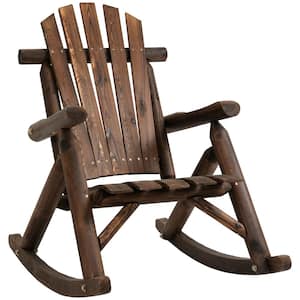 Wooden Adirondack Outdoor Rocking Chair with High Back, Slatted Seat and Backrest for Backyard, Garden, Carbonized
