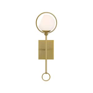Teatro 6.25 in. 1-Light Brushed Gold Modern Wall Sconce with Etched Opal Glass Shade and Accent Rings