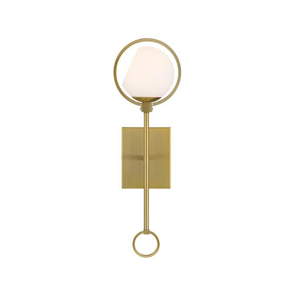 Designers Fountain Teatro 6.25 in. 1-Light Brushed Gold Modern Wall Sconce with Etched Opal Glass Shade and Accent Rings