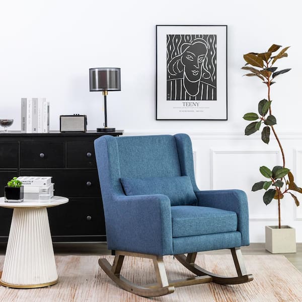 Unbranded Blue Rocking Chair, Linen Upholstered Chair Rocker with Sturdy Wood Frame, Modern Armchair for Living Room