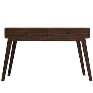 Leva Desk, 19.5 in W, Rectangular, Walnut, MDF, 2 Drawer Desk w Wood grain legs