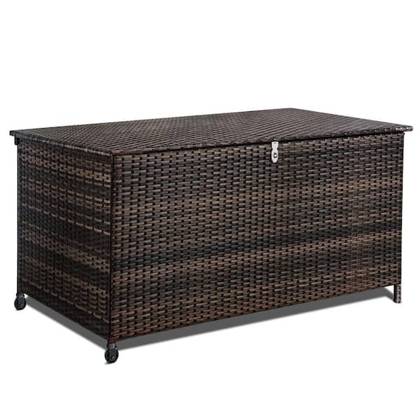120 Gal. XL Outdoor Storage Box Waterproof, Resin Rattan Deck Box for Patio Garden Furniture, Outdoor Cushion Storage