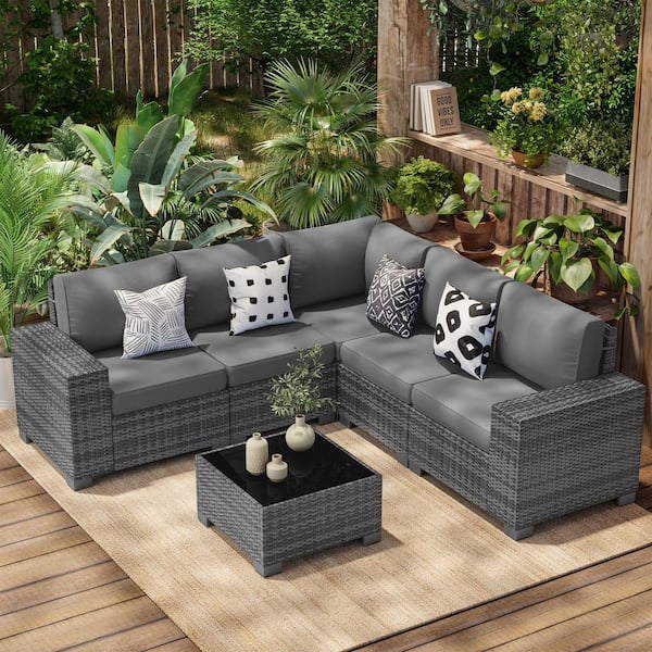 6-Piece Outdoor Gray Wicker Patio Conversation Set With Dark Gray Cushions